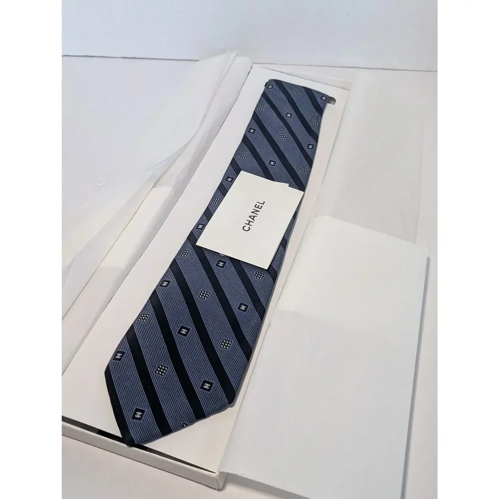 Chanel Monogram Blue and Black Striped Necktie - Giftable with Box